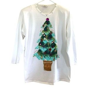 Vintage Focus Hand Painted Christmas Tree TShirt Embellished Rhinestones 70-80s